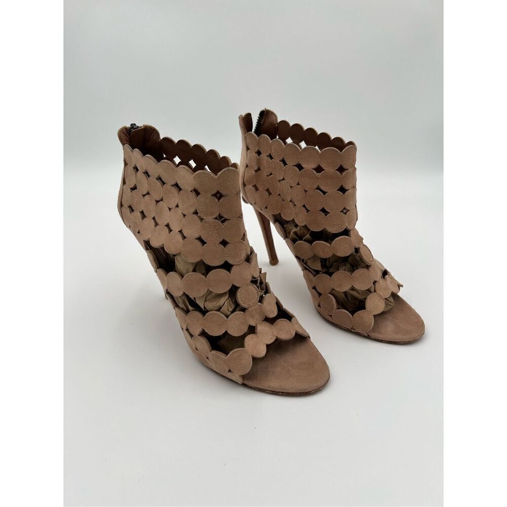 Alaia Paris Laser Cut Suede Booties Sandals Heels Nude Made in Italy 37.5